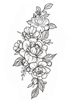 a line drawing of flowers with leaves on the bottom and one flower in the middle