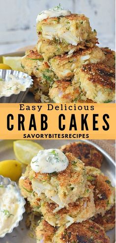 crab cakes on a plate with lemon wedges