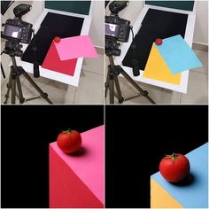 four different images of a tomato on a tripod, one with a camera and the other with post - it notes