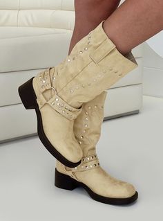 Western boots  Faux suede boots, silver-toned hardware, rounded toe    Heel height: 4.5cm / 1.7in Boots Beige, Faux Suede Boots, Pink Formal Dresses, Boots Suede, Corsets And Bustiers, Long Sleeve Tops Casual, Outerwear Outfit, Strapless Tops, Boot Brands