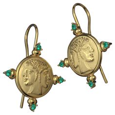 18k Gold Earrings in ancient Roman Style with natural emeralds, made in Italy Ancient Jewels, Roman Style, 18k Gold Earrings, Roman Fashion, Ancient Jewelry, Ancient Rome, Ancient Romans, Natural Emerald, Lush Green