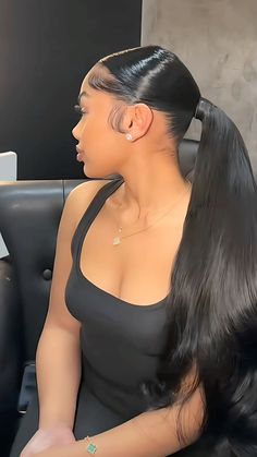 Low ponytail with extensions #blackgirl #hairstyles #lowponytail #prom Long Low Ponytail Hairstyles For Black Women, Low Ponytail Swoop, Low Ponytail With Curls, Ponytail Hairstyles For Black Women Bun, Ponytail Extension For Black Women, Curled Low Ponytail, Slicked Back Low Ponytail, Low Pony Tailed Hairstyle