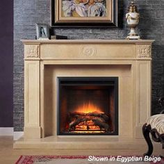 a fireplace with a painting on the wall above it