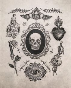 an old school tattoo design with skulls and other items