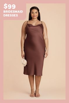 a woman in a brown dress with the words $ 99 bridesmaid dresses on it