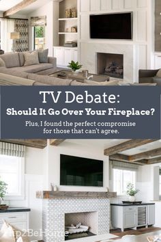 a living room filled with furniture and a tv on top of a fire place in front of a fireplace