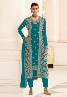 Buy Indian Wedding Party Wear Suits Turquoise georgette pant style suit with jacket 8413C online in USA, UK and Canada from KollyBollyEthnics.com Indian Suits Design, Women Pant Suits, Ramadan Outfits, Eid Collection 2022, Wedding Salwar Suits, Suit With Jacket, Dress Lehenga, Eid Clothes, Kurti Fashion