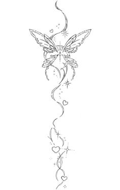 a drawing of a butterfly with hearts on it's back and wings in the air