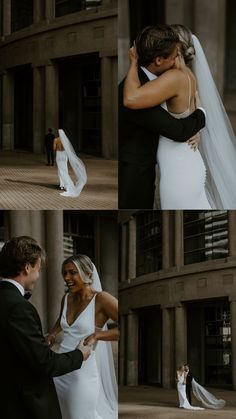 the bride and groom are posing for pictures in front of an old building with columns