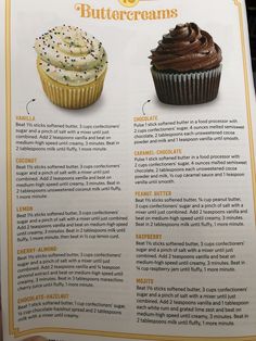 a menu for cupcakes with chocolate frosting and sprinkles