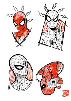 three different types of spider - man masks drawn in red and black ink on white paper