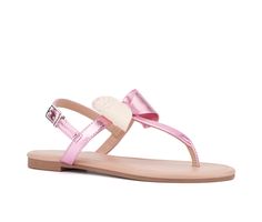 From beach to boardwalk and beyond, the Abril sandal stands out as a summer style essential. Textured bow details add a feminine finishing touch. Faux Leather or Denim Textile with PU lining upper, Slingback strap with adjustable buckle closure, Flat heel, Open round toe with thong post, Faux Leather lined footbed, Rubber outsole, Textured large bow detail, T-strap upper design | Women's New York and Company Abril Flip-Flops Sandals in Pink Combo Size 8.5 Effortless Chic Style, T Strap Flats, Sandals Flat, New York And Company, Tech Gifts, Luxe Gifts, T Strap, Fashion Essentials, Flip Flop Sandals