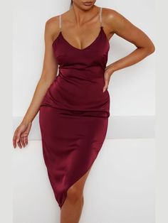 Hey babe! Get ready to slay your weekend in the Kendra Burgundy Midi Dress. Featuring a rich burgundy satin material, a plunging neckline, asymmetric style, and diamanté straps, this dress is all about sophistication and sensuality. Perfect for formal or semi-formal occasions, it combines luxury, a seductive silhouette, and sparkling details. Pair with clear heels, a clutch, and accessories for a dazzling look that’s sure to turn heads!. Product Info Length approx 114cm/45" Model wears size UK 8 Burgundy Midi Dress, Hey Babe, Slinky Dress, Rich Burgundy, Square Toe Heels, Bodycon Midi Dress, Black Camis, Clear Heels, Bodycon Midi