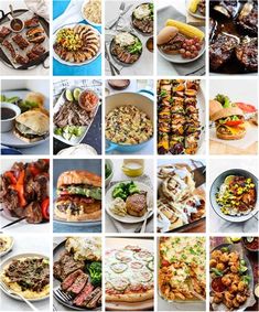 a collage of pictures with different foods and meats on them, including bread