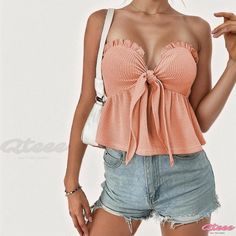 Qteee - Seductive Strapless Corset with Waist Cinching and Ruffled Hemline - Sleeveless Crop Top Ruffled Crop Top, Bodycon Tops, Strapless Corset, Summer Crop Tops, Cropped Tube Top, Sleeveless Crop Top, Daily Dress, Swimwear Cover, Knitted Tank Top