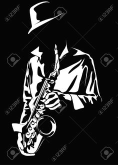 a black and white drawing of a man with a saxophone in his hand stock photo