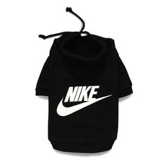 a dog wearing a black nike hoodie with white nike logo on the front and back