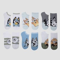 This 6-Pack of Bluey No-Show Socks brings cute flair to their footwear. Made from lightweight fabric with a hint of spandex, these no-show socks offer their feet all-day stretchy comfort. This pack includes six pairs, each featuring a different graphic of Bluey and her friends, making them a fun pairing with different shoes and a sure hit with your young Bluey fan. White Fun Non-slip Socks, Fun White Non-slip Socks, White Non-slip Fun Socks, White Sporty Socks For Playtime, Casual Blue No-show Socks, Show White, No Show Socks, Fabric Names, 6 Packs