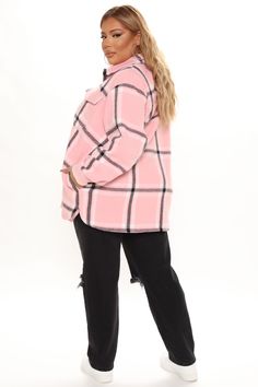 Available In Grey/combo And Pink/combo. Shirt Jacket Button Down 2 Foldover Pockets 2 Side Pockets Non Stretch Disclaimer: Plaid Placement Will Vary 100% Polyester Imported | Penelope Plaid Shacket in Pink size Small by Fashion Nova Pink Long Sleeve Shacket For Winter, Pink Long Sleeve Winter Shacket, Pink Collared Shacket With Pockets, Pink Collared Shacket For Winter, Oversized Pink Long Sleeve Shacket, Long Sleeve Tops With Pockets For Cold Weather, Plaid Shacket, Review Fashion, Loungewear Women