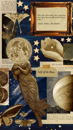 an altered collage of images and words about the moon, stars, and other things