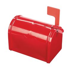 a red metal mailbox with an orange handle