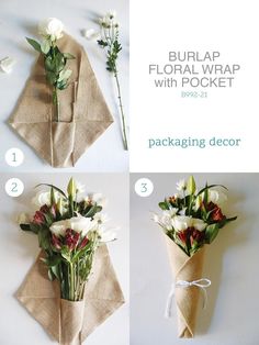 the instructions for how to make a burlap floral wrap with pocket