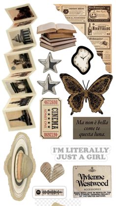 an assortment of different items that include books, papers and butterflies with words on them