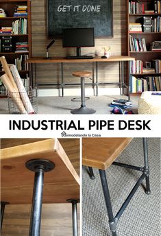 the industrial pipe desk is made from steel pipes and wood, with bookshelves behind it