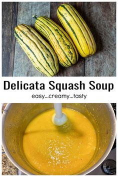 an image of delicata squash soup in a pot with the title above it