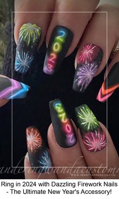 Get inspired with 50 dazzling firework nail designs to elevate your style. From vibrant bursts to glittering explosions, these nail art ideas will add a pop of festivity to any occasion. Fireworks Nails Design, Fireworks Nails, Firework Nail Art, Firework Nails, Year Nails, New Years Nail Art, New Years Nail Designs, New Years Eve Nails, Nail Colors Winter