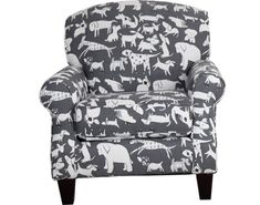 a gray and white chair with dogs all over the back, on a white background