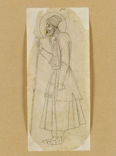 an old drawing of a man holding a cane and wearing a turban, standing in front of a brown background