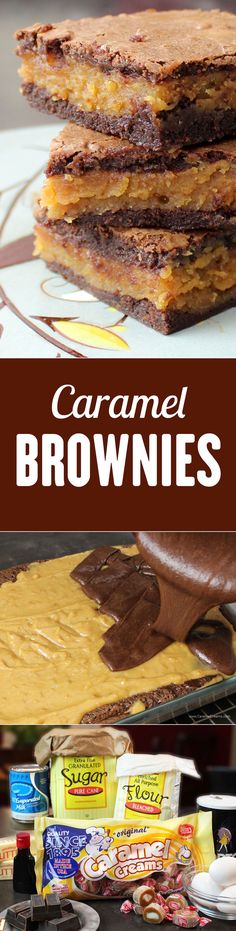 caramel brownies stacked on top of each other