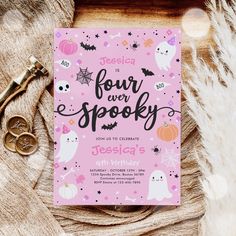 a pink halloween birthday party card with black lettering on it and ghost, bats, pumpkins, and more