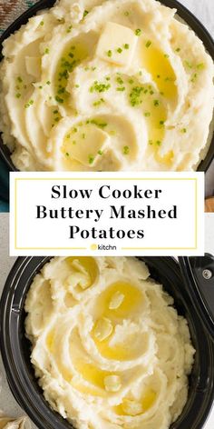 slow cooker buttery mashed potatoes in a black bowl with the words slow cooker buttery mashed potatoes