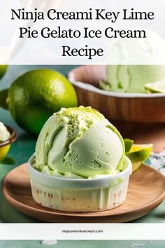 a bowl filled with ice cream next to limes