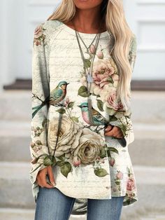 Vintage Floral and Bird Crew Neck Long Sleeve Top Casual Floral Print Long Sleeve Top For Fall, Casual Long Sleeve Top With Floral Print For Fall, Beige Crew Neck Blouse For Fall, Printed Long Sleeve Top For Fall, Beige Printed Long Sleeve Top, Spring Beige Printed Tops, Multicolor Casual Long Sleeve Top For Spring, Printed Long Sleeve Top For Spring, Casual Multicolor Long Sleeve Top For Spring