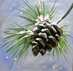 a painting of a pine cone with snow on it