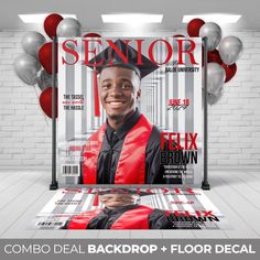 the front cover of senior magazine with balloons and streamers in the background for graduation