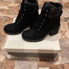 New In Box. Sun + Stone Womens Romina Faux Suede Block Heel Combat & Lace-Up Boots. Rugged Hiker Style Gets A Feminine Lift In The Chunky Block Heel And Comfy Detailing Of Sun + Stone's Romina Booties. 2-7/8" Block Heel Shaft Height: 4-3/4"; Circumference: 11-1/2"; Measured On A Size 6 Round-Toe Lace-Up Booties With Zipper Closure Cushioned Insole, Memory Foam, Breathable Lining And Lightweight, Flexible Sole For Added Comfort; Slip-Resistant Sole For Added Traction Note: Shaft Height And Circum Winter High Heel Lace-up Boots Medium Width, Winter Synthetic Heeled Boots With Block Heel, Winter Synthetic Block Heel Boots, Winter Faux Leather Booties With Block Heel, High Heel Synthetic Boots For Winter, Synthetic High Heel Boots For Winter, Synthetic Block Heels For Winter, Winter High Heel Synthetic Boots, Winter Synthetic Block Heel Shoes