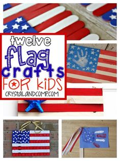 patriotic crafts for kids that include popsicle sticks, flags and handprinted pictures