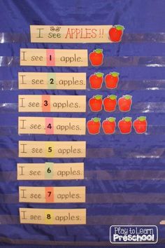 a bulletin board with apples on it and the words i see apples written in different languages