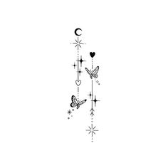 a black and white drawing of two butterflies on a line with stars in the background