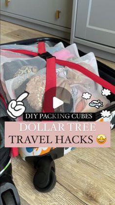 a suitcase that is sitting on the floor with some items in it and text reading diy packing cubes dollar tree travel hacks