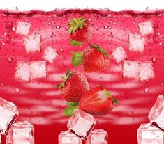 strawberries and ice cubes are floating in the air on a red background with water droplets