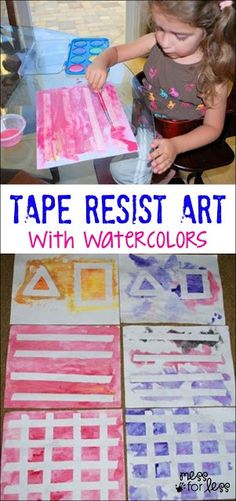 a collage of watercolors with text that reads tape resist art with watercolors