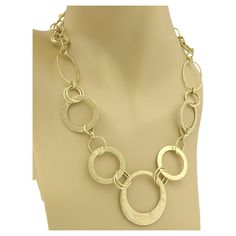 This lovely fashionable authentic necklace is by Ippolita, it is crafted from 18k yellow gold in a polished finish. The necklace has round and oval shape slim and wide flat hammered links. The front center has the hammered design round link and is joined together with the slim round link and oval following on each end. It is signed by the designer with the metal content. Material: 18k yellow gold Hallmark: Ippolita 18k Measurement: 20.5" long x 1.48" wide at the front. Weight: 56.7 grams Luxury Unique Necklace With Oval Beads, Unique Luxury Necklace With Oval Beads, Luxury Handmade Oval Link Necklace, Luxury Victorian Oval Link Jewelry, Solid Gold Necklace 1stdibs, Gold Link Necklace, Gold Link Chain, Gold Link, Cool Necklaces