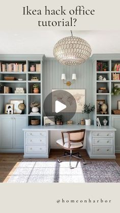 a home office with built - in bookcases and an area rug that reads, ikea hack office tutorial?