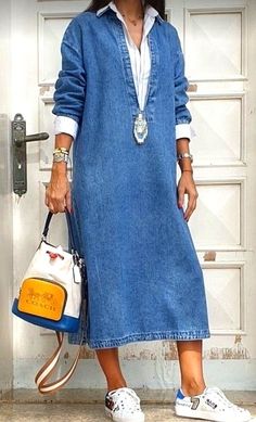 Long Sleeve Denim Dress, Blue Peter, Denim Midi Dress, Patchwork Denim, Elegante Casual, Denim Dresses, Denim Patchwork, Boho Casual, Pan Collar