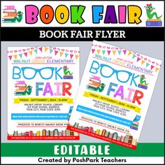 the book fair flyer for children's books is shown in two different colors and font